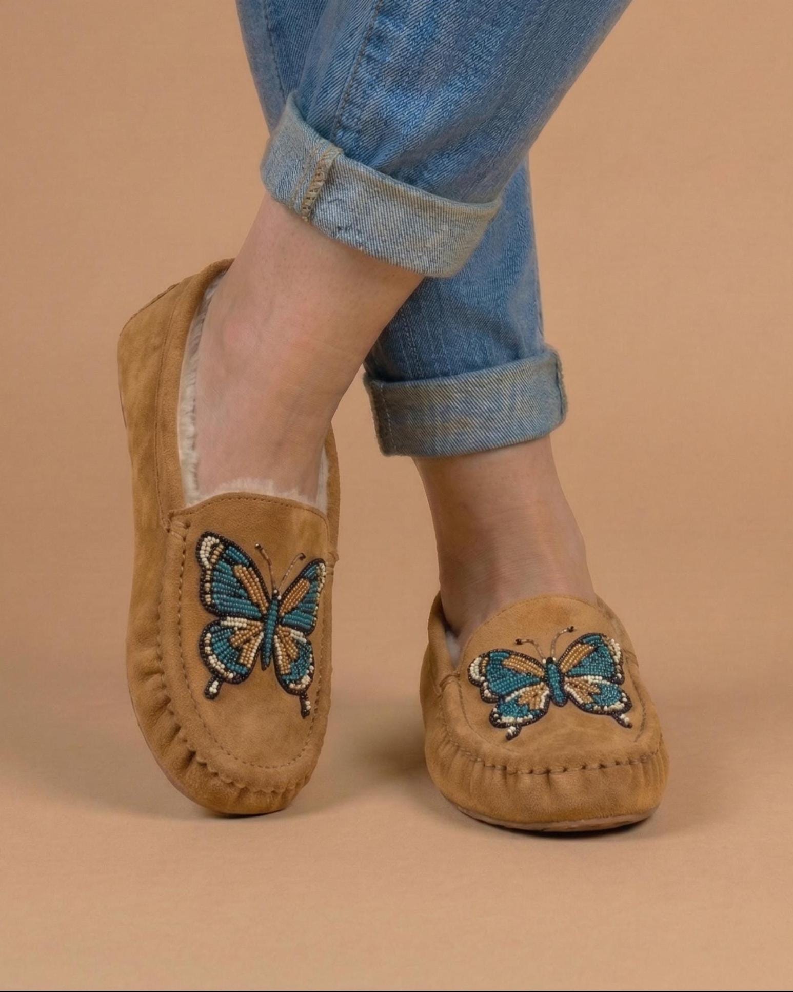 Tan Butterfly Beaded Moccasins. Handmade Unique Soft Sole Slip on Shoes For Women.