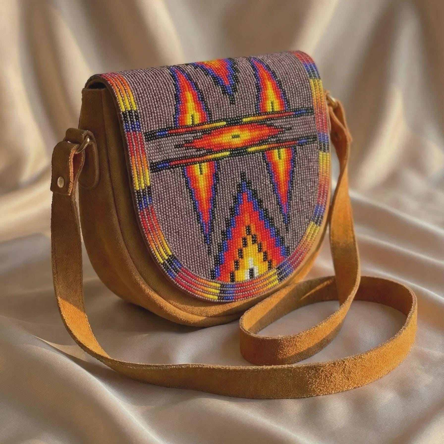 Handmade Beaded Leather Crossbody Canvas Bag For Men & Women with One Inside Pocket
