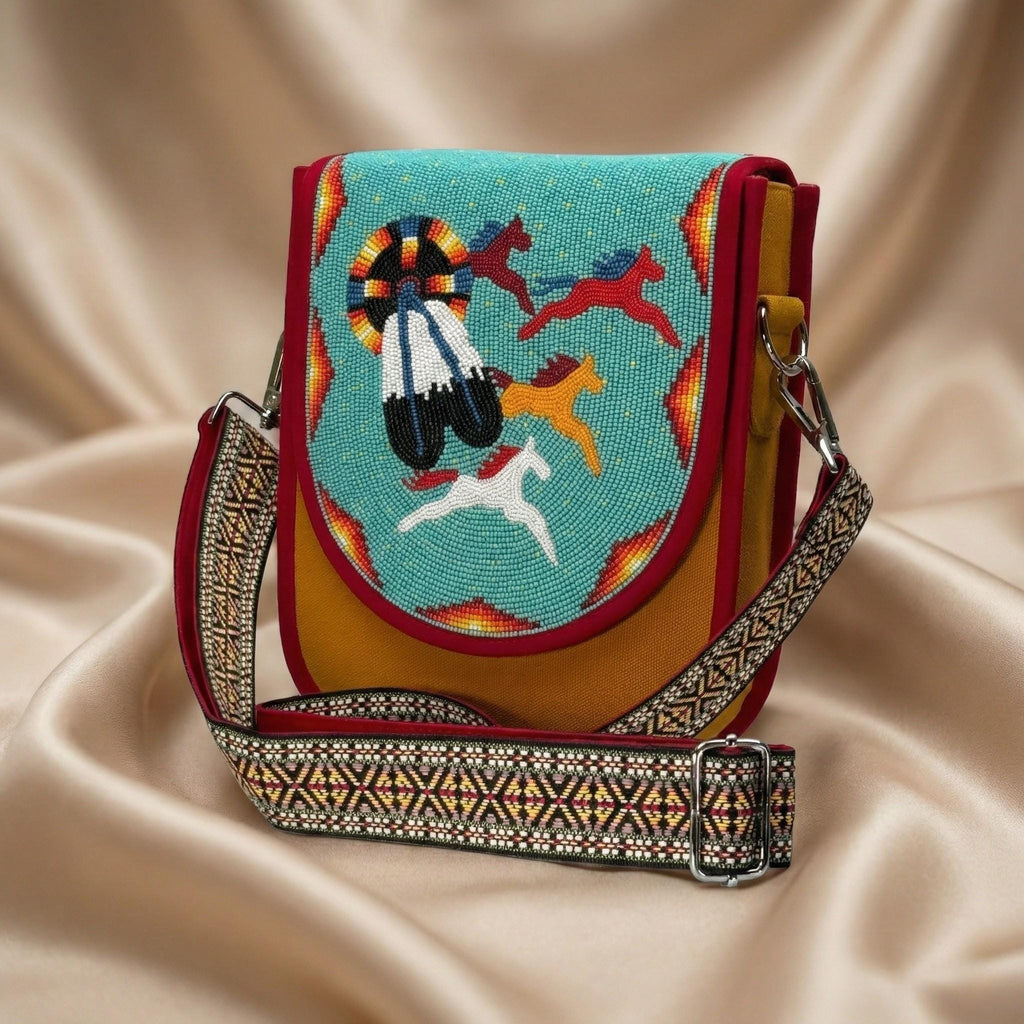 Beaded Crossbody Bag, Boho Handmade Unisex Canvas Sling Purse with Adjustable Strap