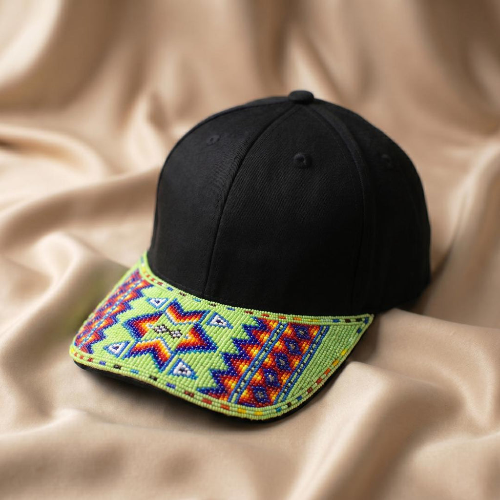 Geometric - Lime Green - Grey Beaded Baseball Cap - Handmade Native American Style Adjustable Unisex Cotton Hat For Men & Women