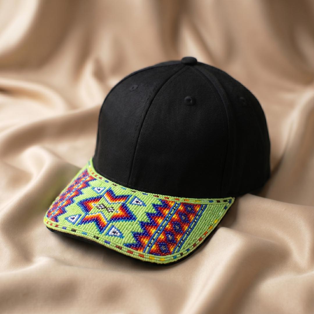 Geometric - Lime Green - Grey Beaded Baseball Cap - Handmade Native American Style Adjustable Unisex Cotton Hat For Men & Women