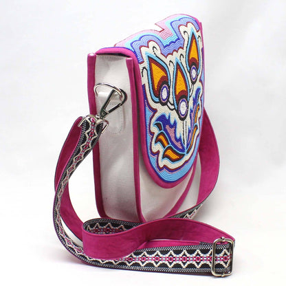 Ornate Tulip Hand Beaded Canvas Crossbody Bag – White & Pink