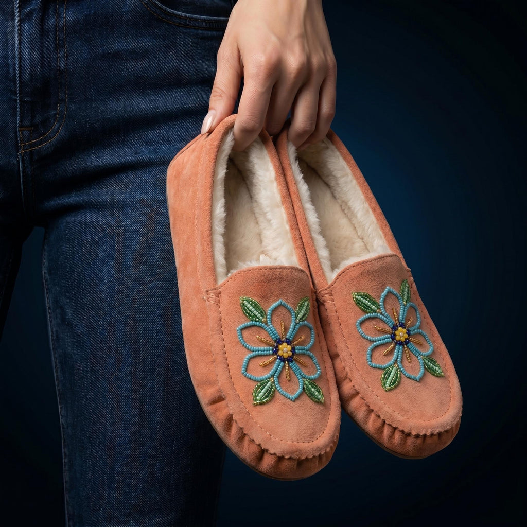 Weskara Peach Beaded Moccasins Handmade Unique Soft Sole Slip on Shoes For Women
