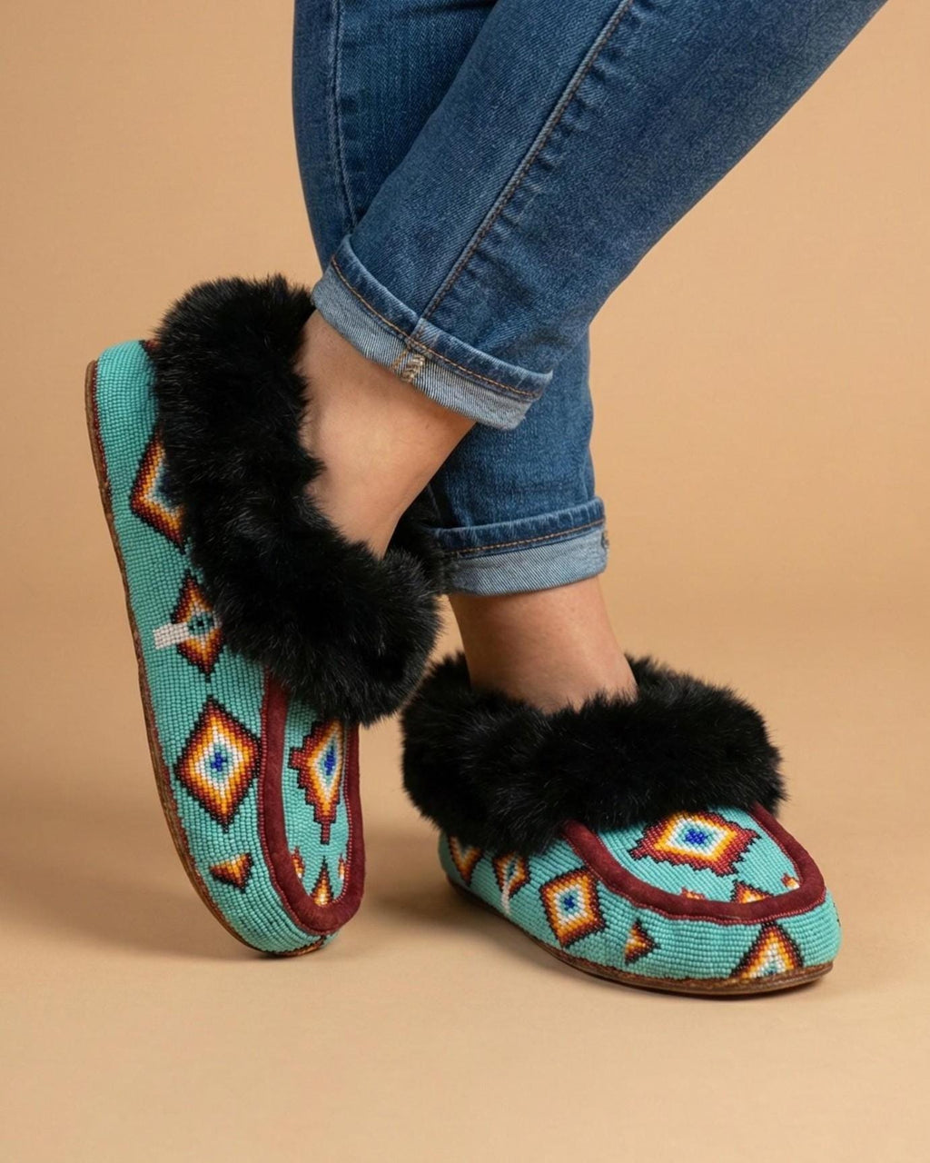 Handmade Beaded Moccasins. Slip on Fur Lining Comfortable Shoes For Women. Gift For Her