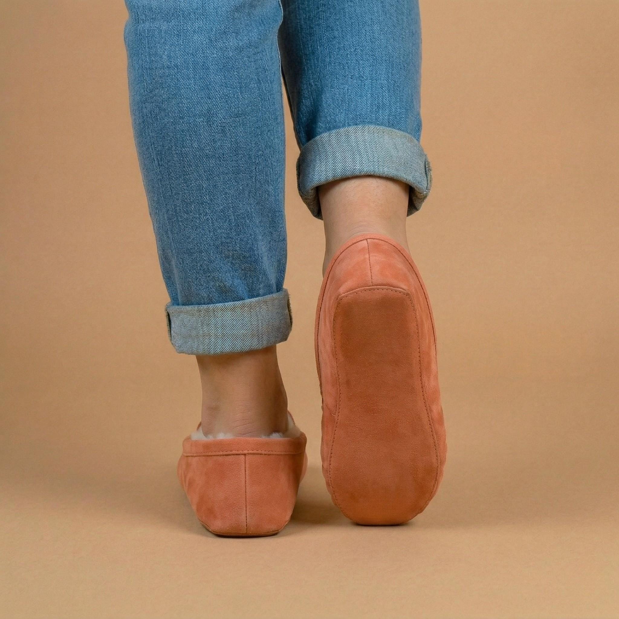 Peach Beaded Moccasins Handmade Unique Soft Sole Slip on Shoes For Women