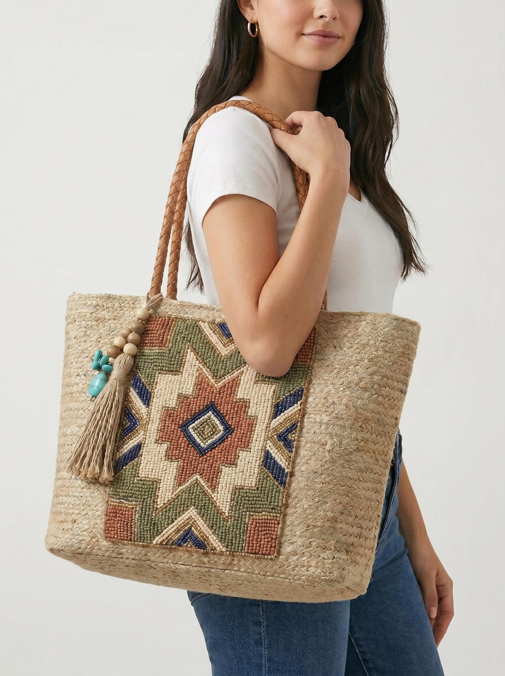 Handmade Floral Jute Tote Bag. Beaded Large Artisan Stylish Fashion Handbag For Women