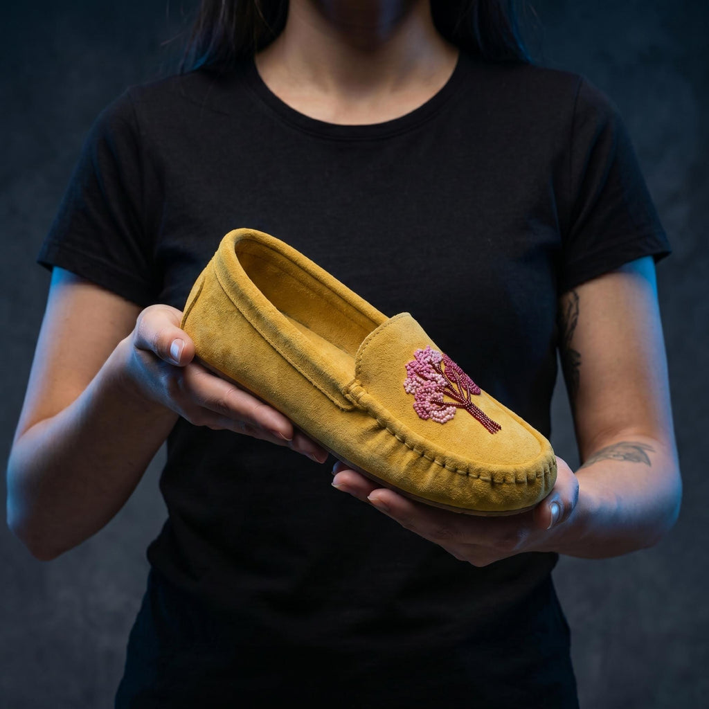 Weskara Yellow Tree Beaded Moccasins Handmade Unique Soft Sole Slip on Shoes For Women