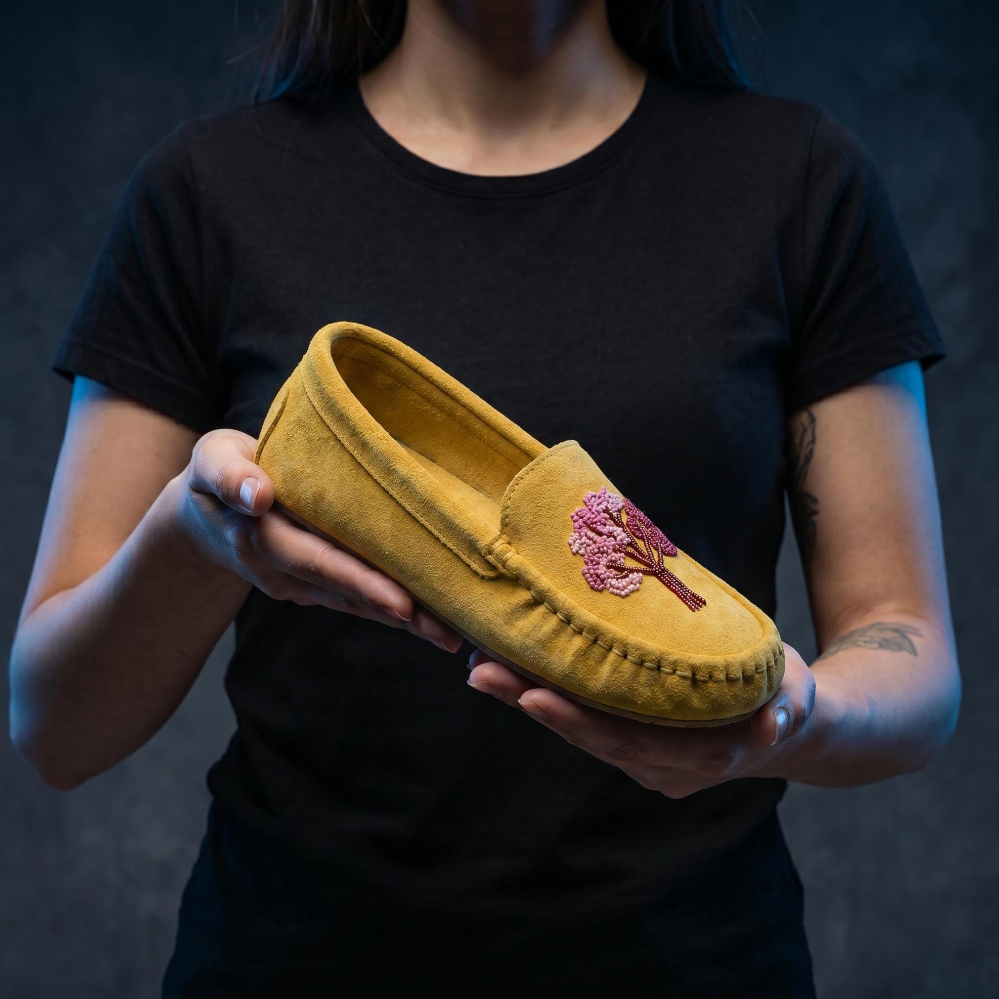 Weskara Yellow Tree Beaded Moccasins Handmade Unique Soft Sole Slip on Shoes For Women