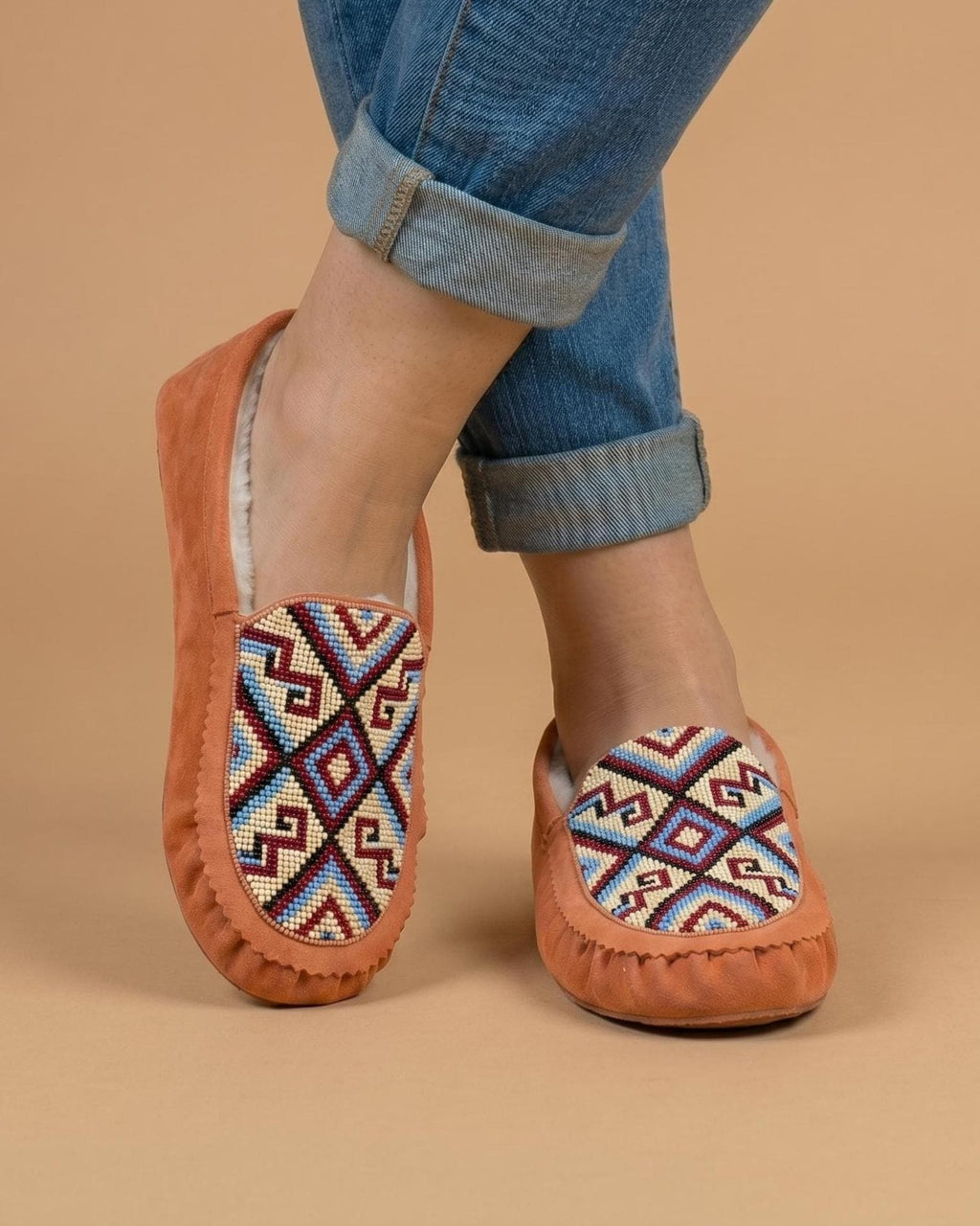 Peach Beaded Moccasins. Handmade Unique Soft Sole Slip on Shoes For Women
