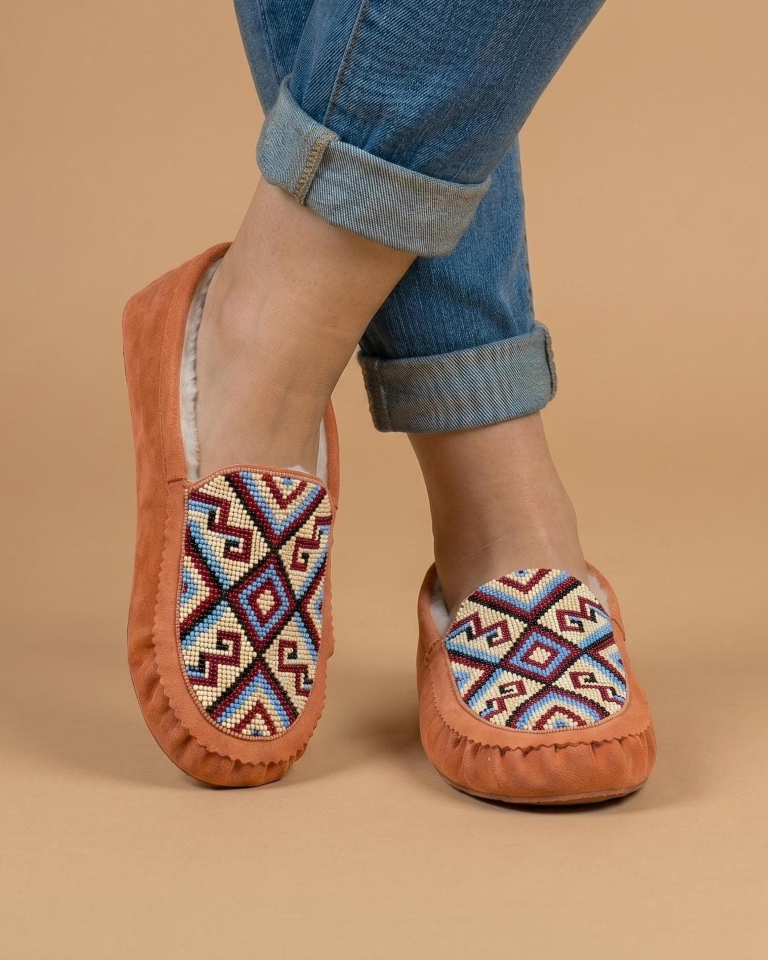 Peach Beaded Moccasins. Handmade Unique Soft Sole Slip on Shoes For Women