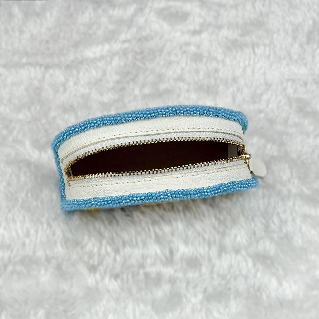 Handmade Coin Purse. Blue Geometrical Beaded Hand Pouch For Essentials.