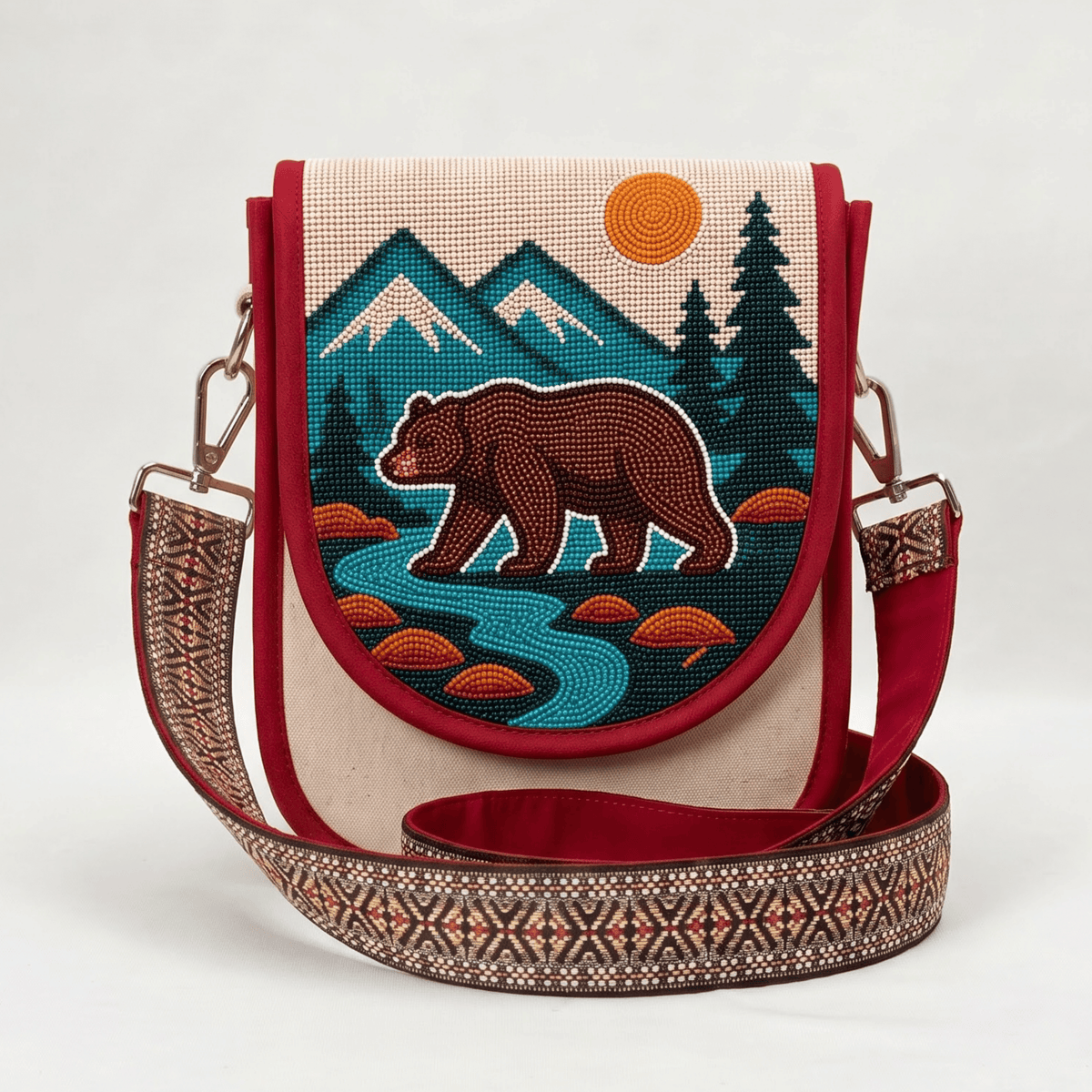Bear River Scene Hand Beaded Canvas Crossbody Bag