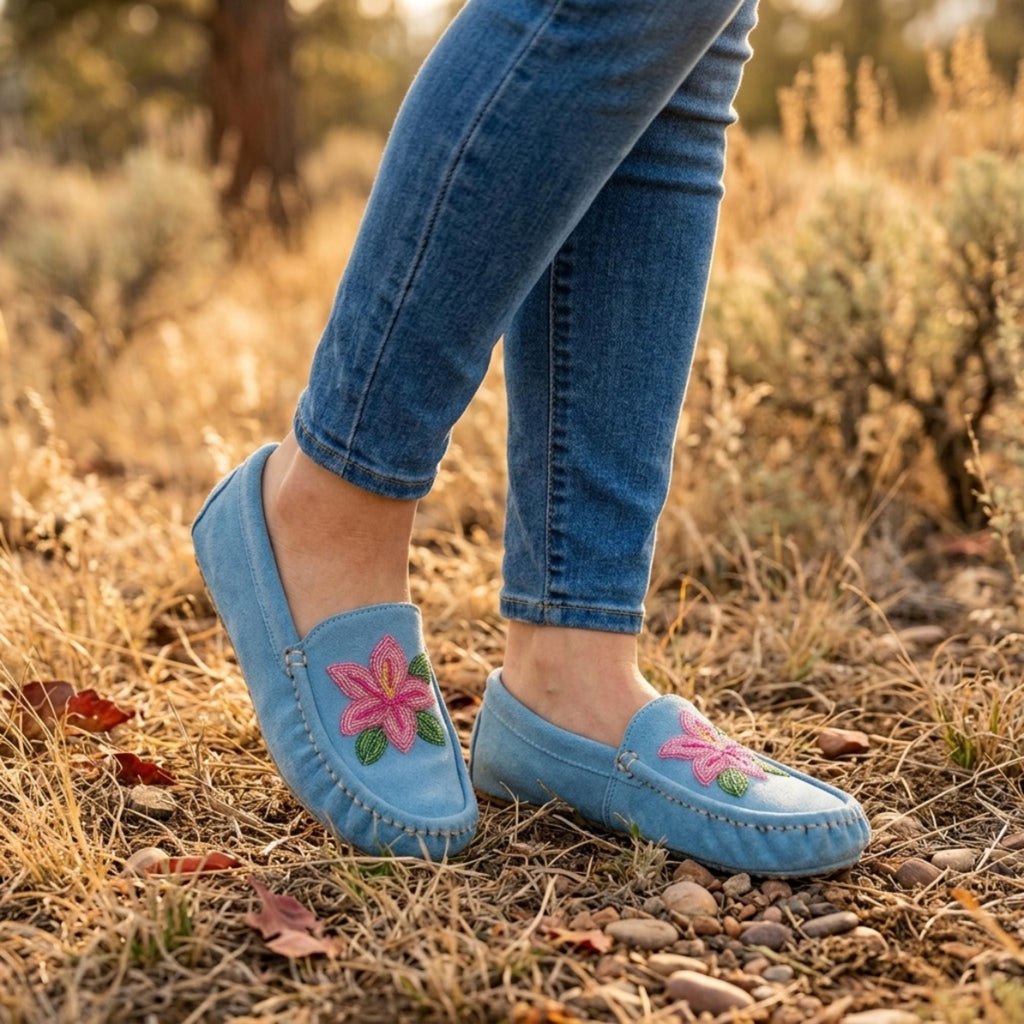 Blue Flower Beaded Moccasins. Handmade Unique Soft Sole Slip on Shoes For Women