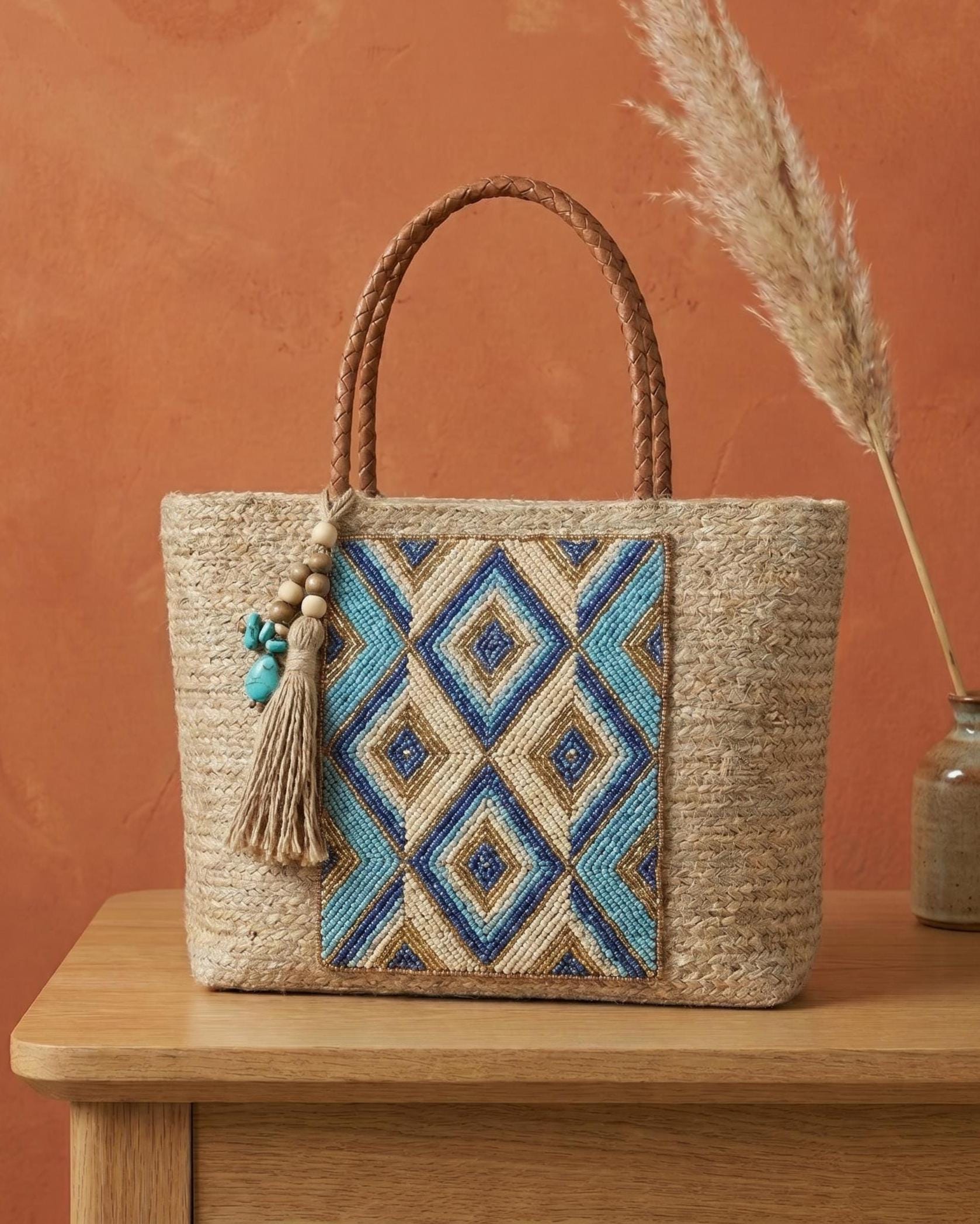 Handmade Floral Jute Tote Bag. Beaded Large Artisan Stylish Fashion Handbag For Women