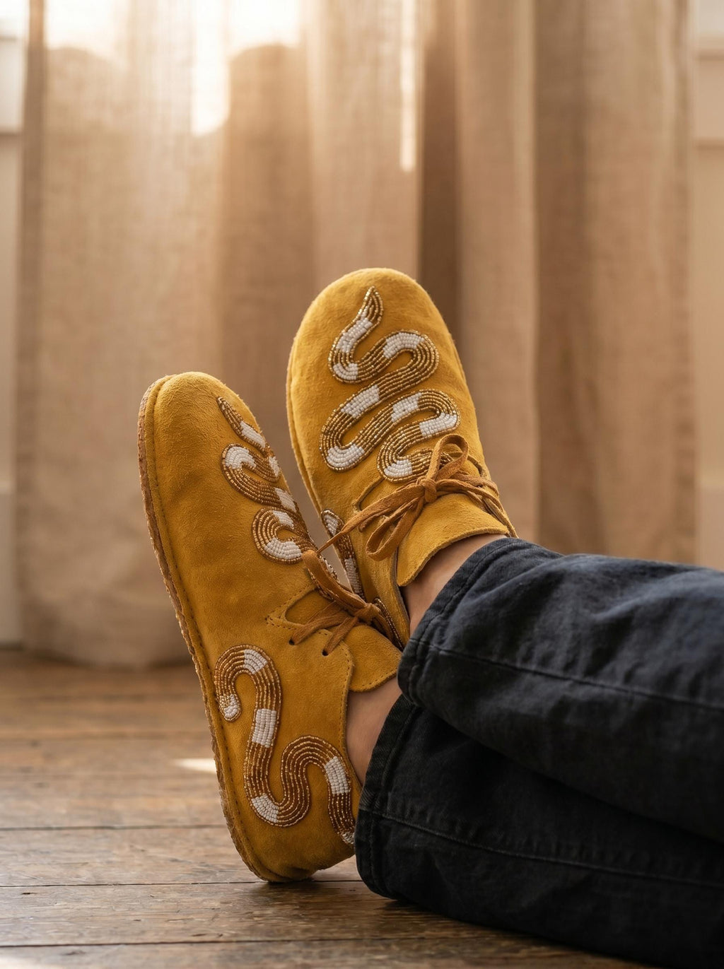 Mens Beaded Snake Moccasins Men, Yellow Suede Lace Up Shoes, Handmade Western Boho Loafers, Bold Gift for Him