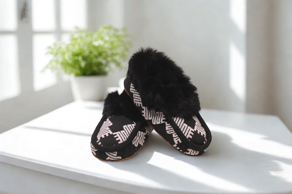 Handmade Leather and Jacquard  Fabric Moccasins – with Faux Fur