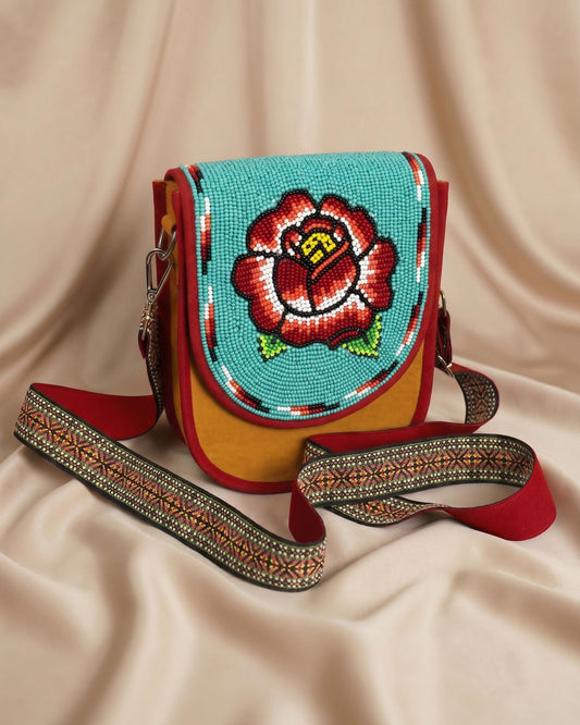 Red Rose Beaded Turquoise Canvas Crossbody Bag