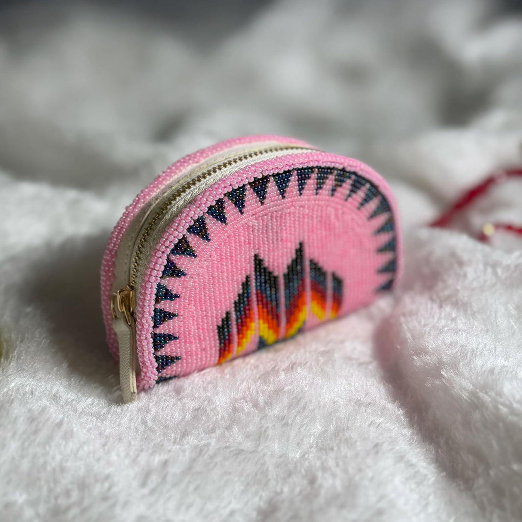 Handmade Coin Purse. Pink Beaded Hand Pouch For Essentials.
