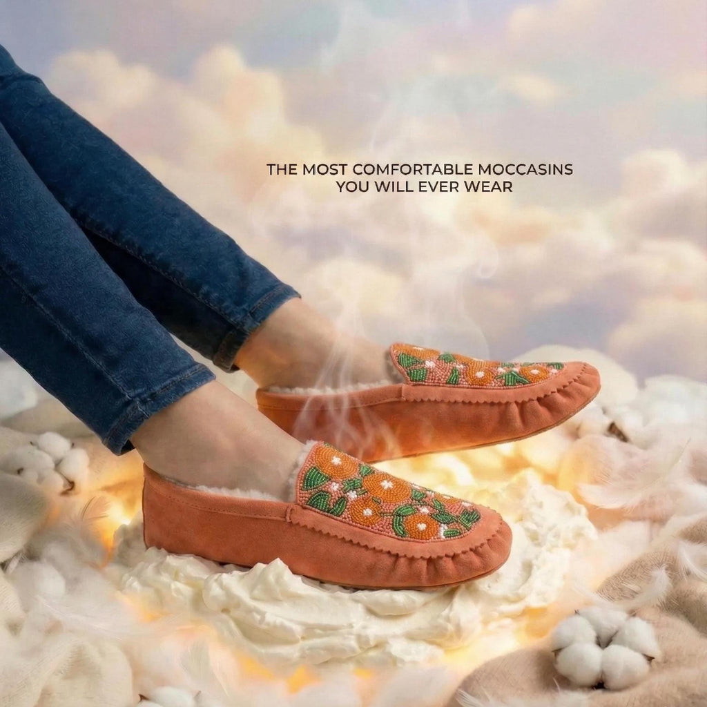 Handmade Suede Moccasins. Stylish Modern Beaded Leather Shoes For Women
