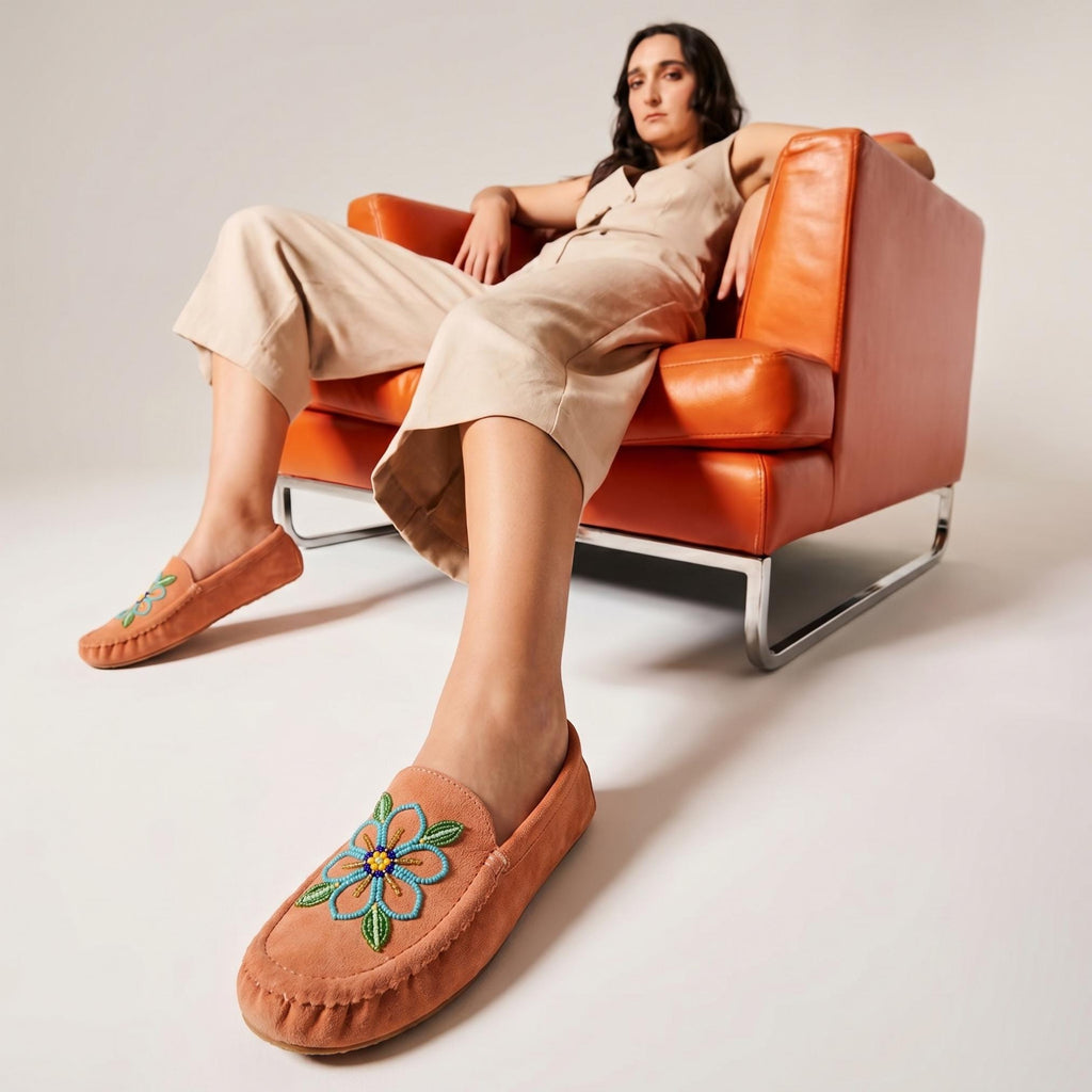 Weskara Peach Beaded Moccasins Handmade Unique Soft Sole Slip on Shoes For Women