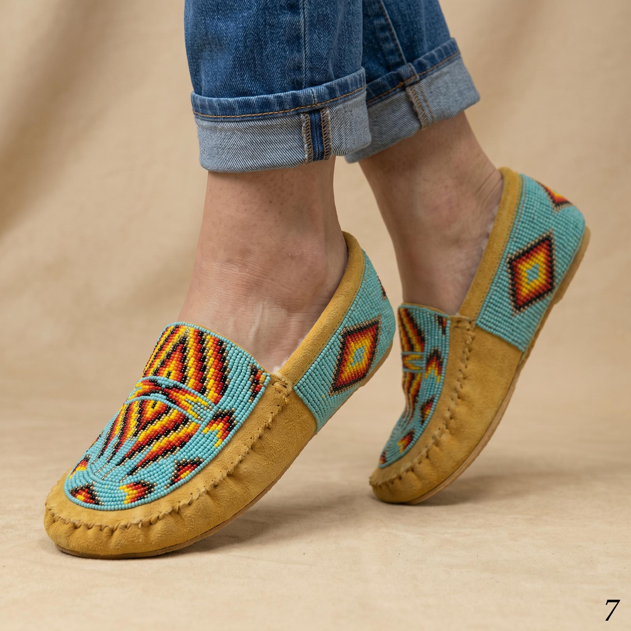 Handmade Beaded Leather Moccasins with Soft Sole. Stylish Slip On Shoes For Women.