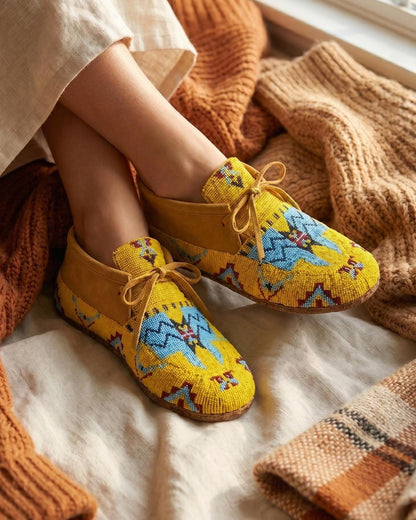 Hand-beaded lace-up moccasins with a golden mustard vamp and a sky blue jagged mountain pattern