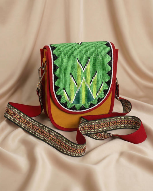 Green Fern Beaded Black Canvas Crossbody Bag