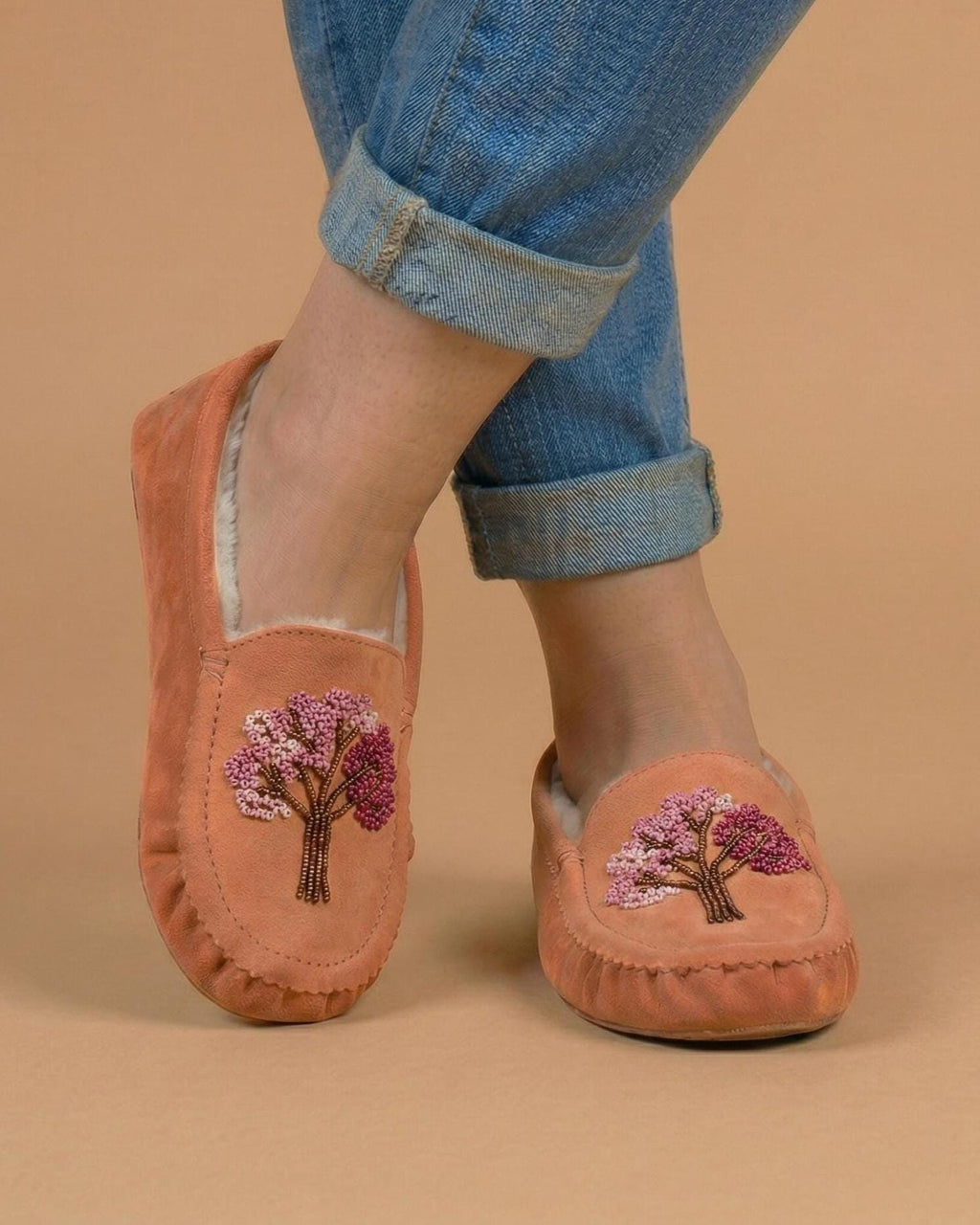 Peach Beaded Tree Moccasins. Handmade Unique Soft Sole Slip on Shoes For Women