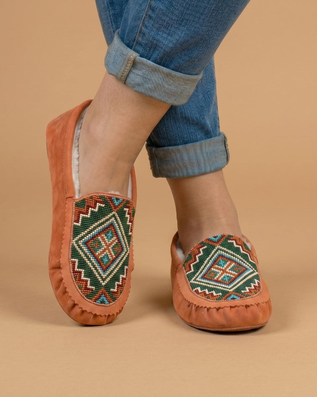Peach Beaded Moccasins. Handmade Unique Soft Sole Slip on Shoes For Women