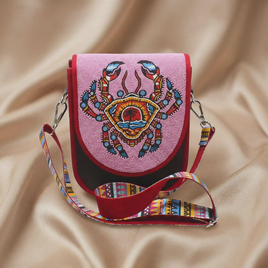 Crab Sunset Beaded Pink Canvas Crossbody Bag