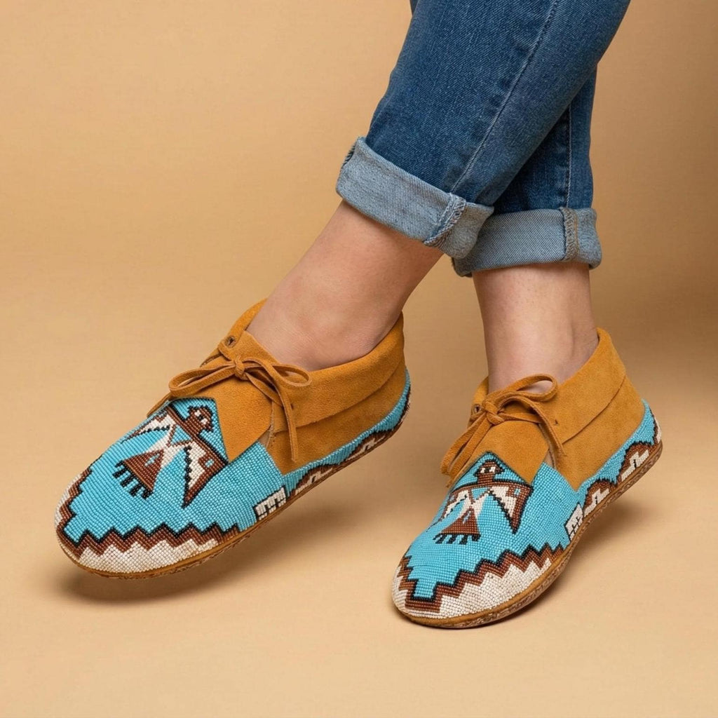 Premium Handmade Thunderbird Beaded Moccasins. Suede Leather Blue Lace up Footwear For Women. Suitable For Outdoors. Gift For Her