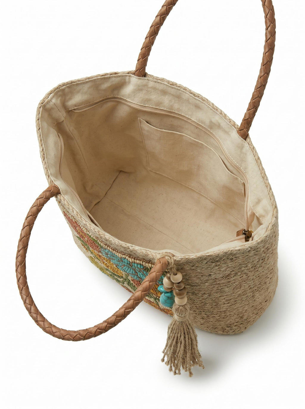 Handmade Floral Jute Tote Bag. Beaded Large Artisan Stylish Fashion Handbag For Women