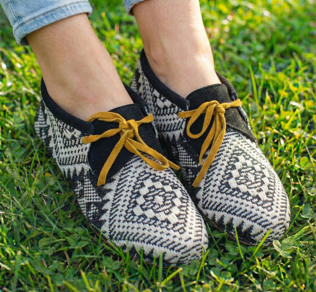 Handmade Leather and Jacquard Fabric Moccasins For Women. Suitable For Outdoor Wear. Gift For Her