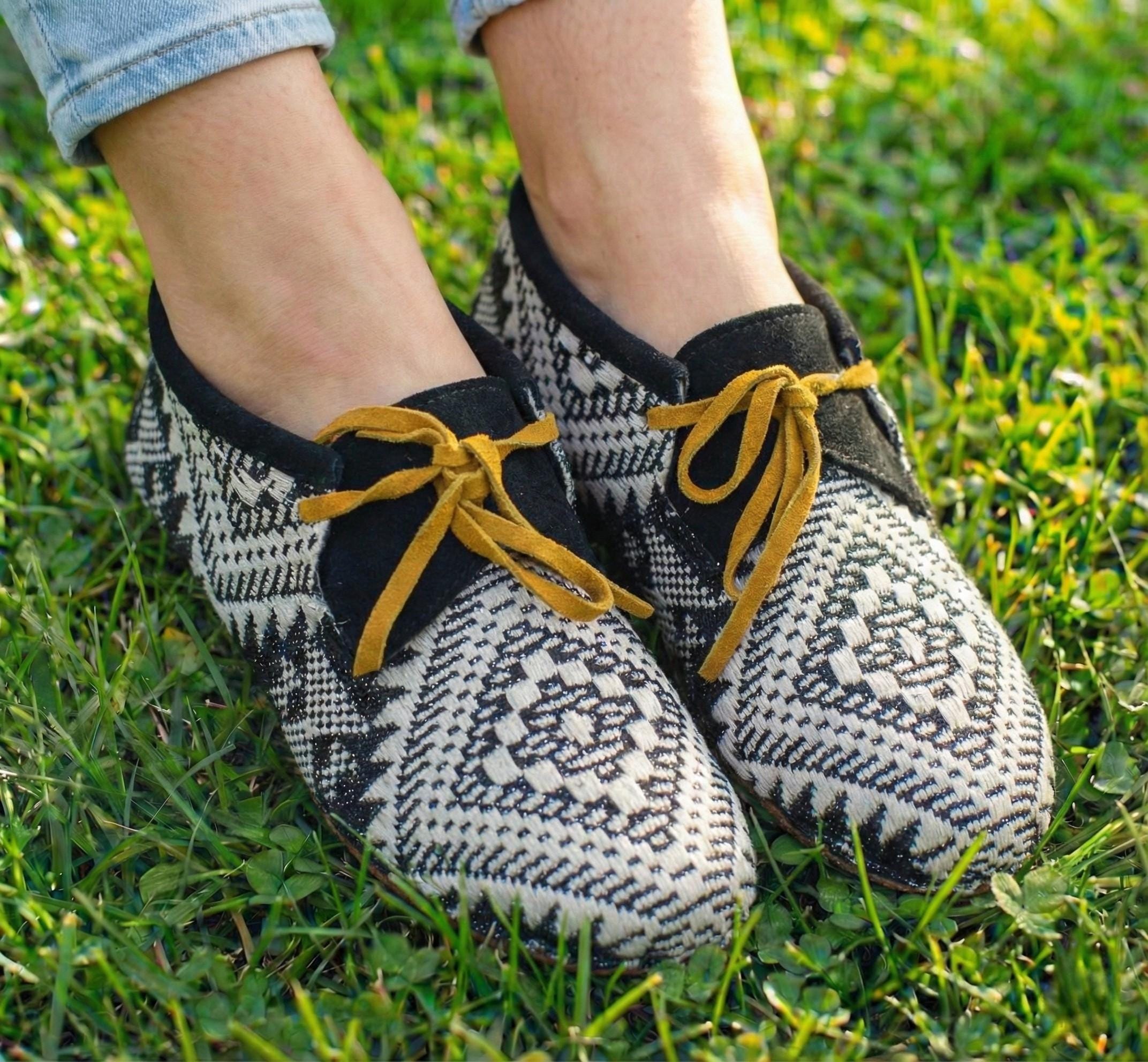 Handmade Leather and Jacquard Fabric Moccasins For Women. Suitable For Outdoor Wear. Gift For Her