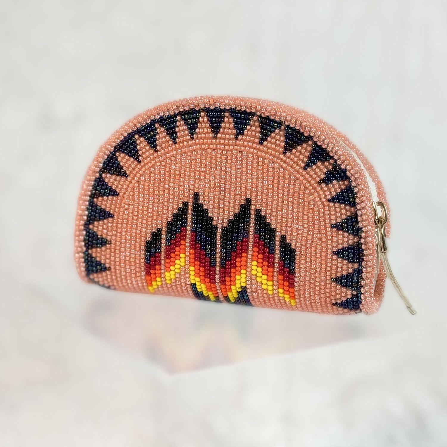 Handmade Coin Purse. Peach Beaded Hand Pouch For Essentials.