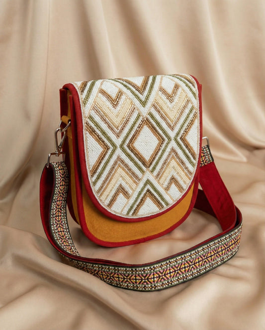 Olive Chevron Beaded Mustard Canvas Crossbody Bag