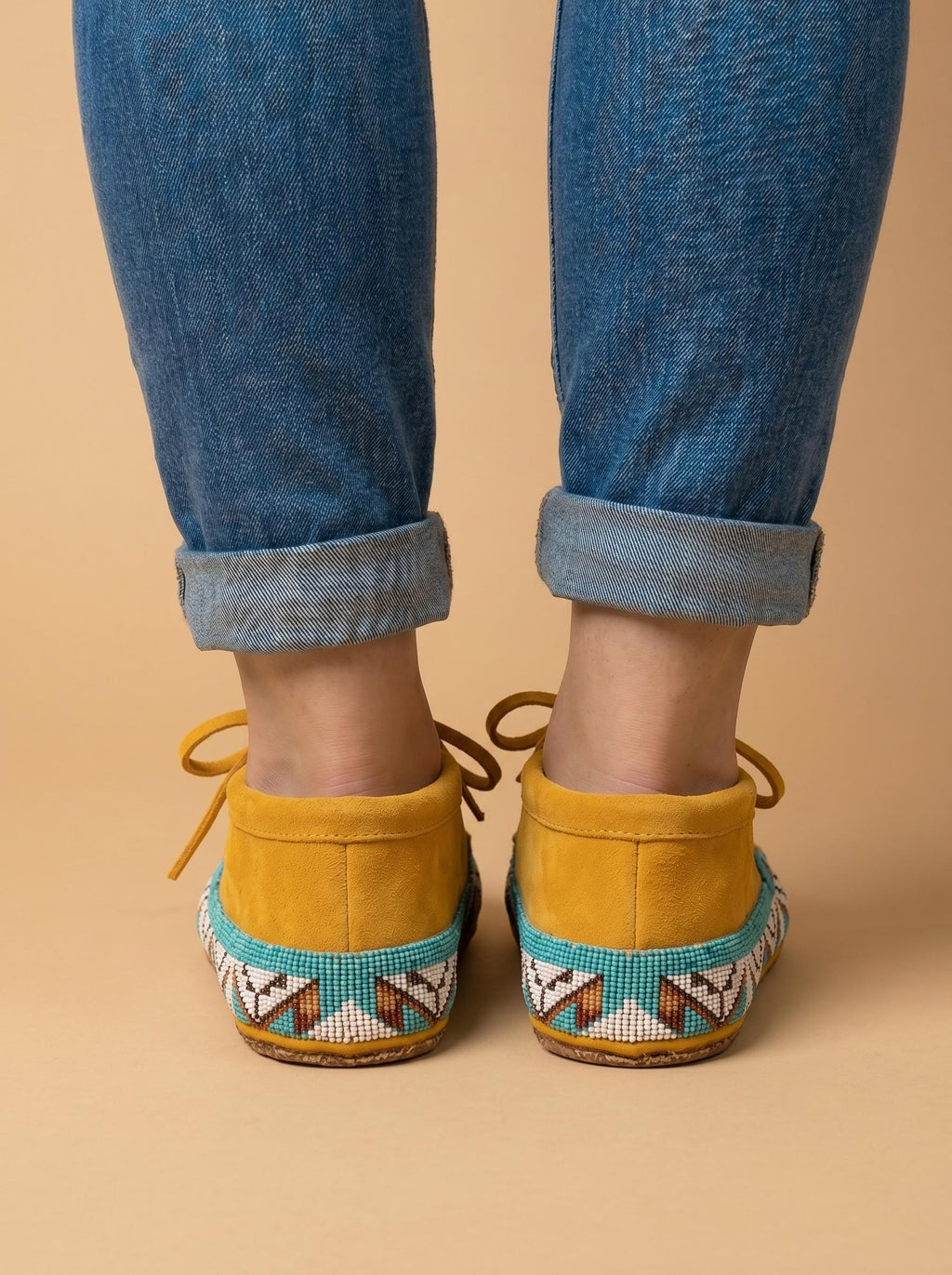 Outdoor and Dancing Beaded Leather Lace Up Moccasins, Handmade Native Style Geometric Pattern, Women's Suede Shoes