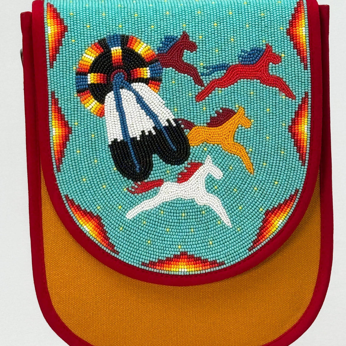Turquoise Running Horses Hand Beaded Canvas Crossbody Bag
