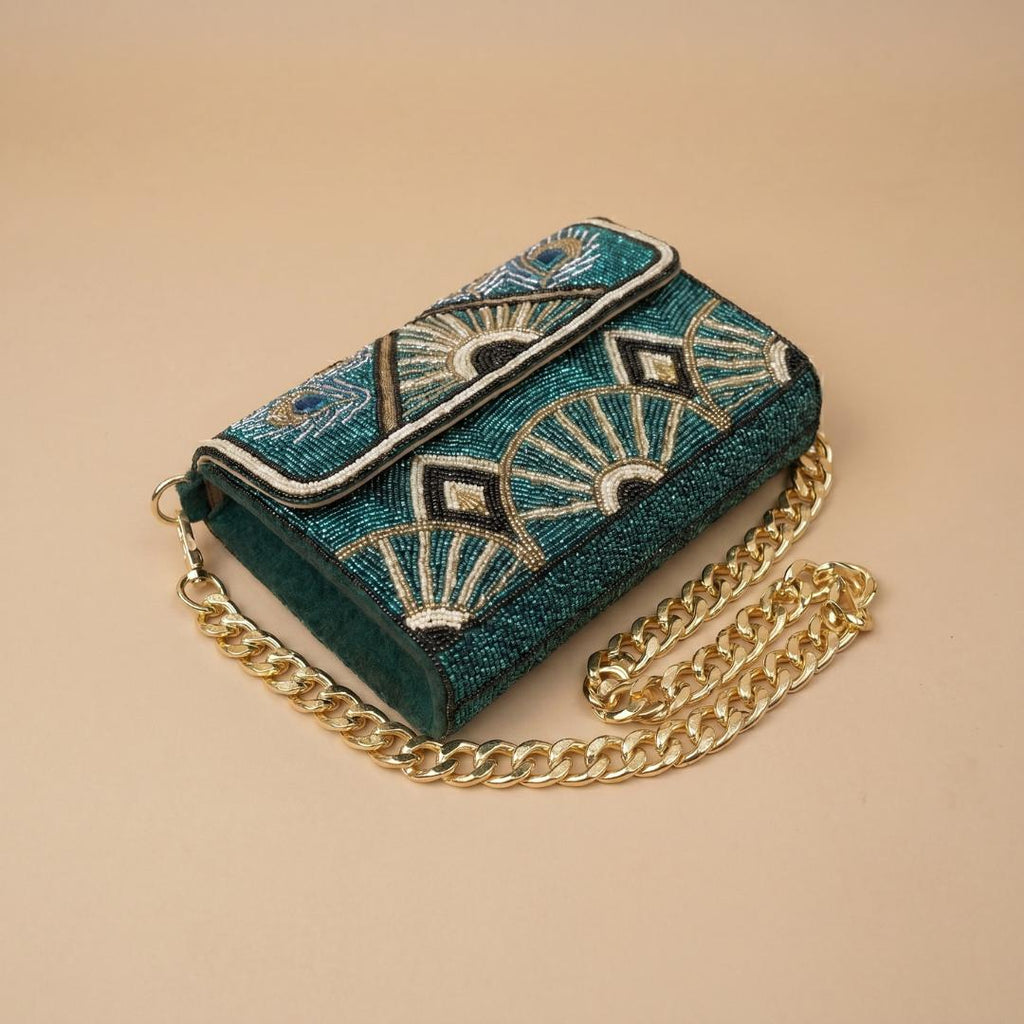 Handmade Sling Purse. Peacock Themed Green Beaded Shoulder Bag with Chain Strap For Women. Gift For Her