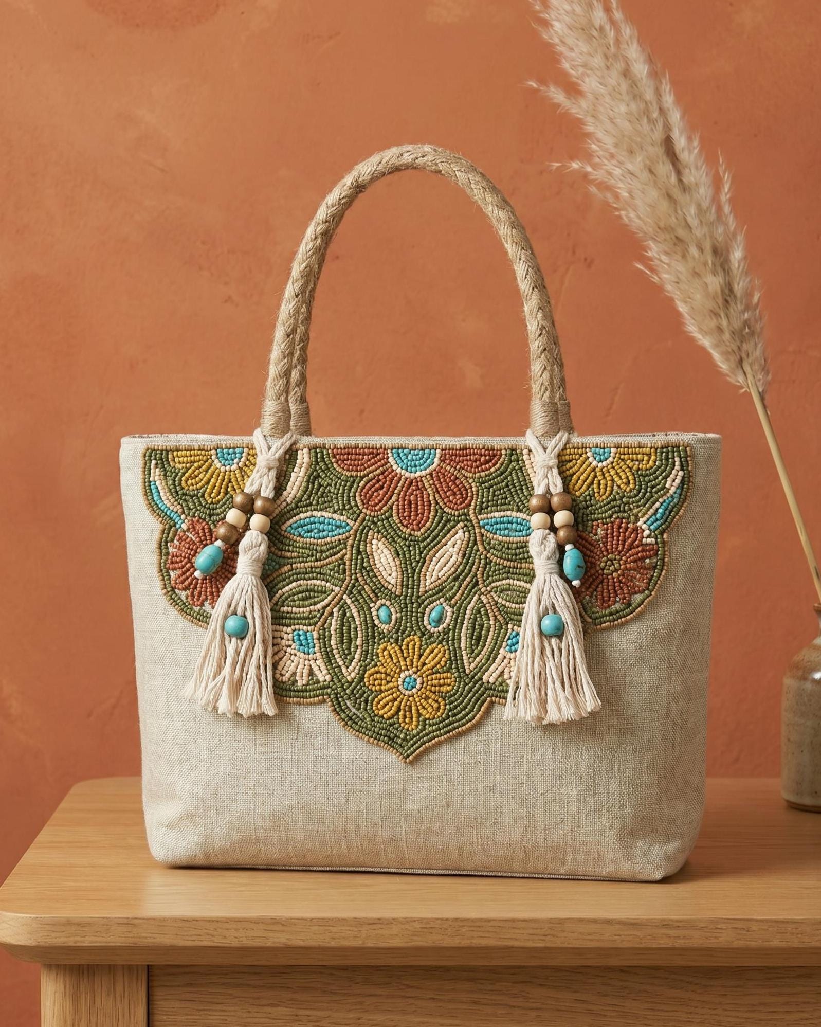 Handmade Floral Canvas Tote Bag. Beaded Large Artisan Summer Handbag