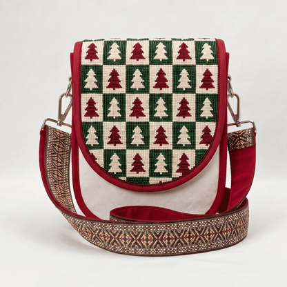 Pink Checkerboard Pine Tree Hand Beaded Canvas Crossbody Bag – Cream