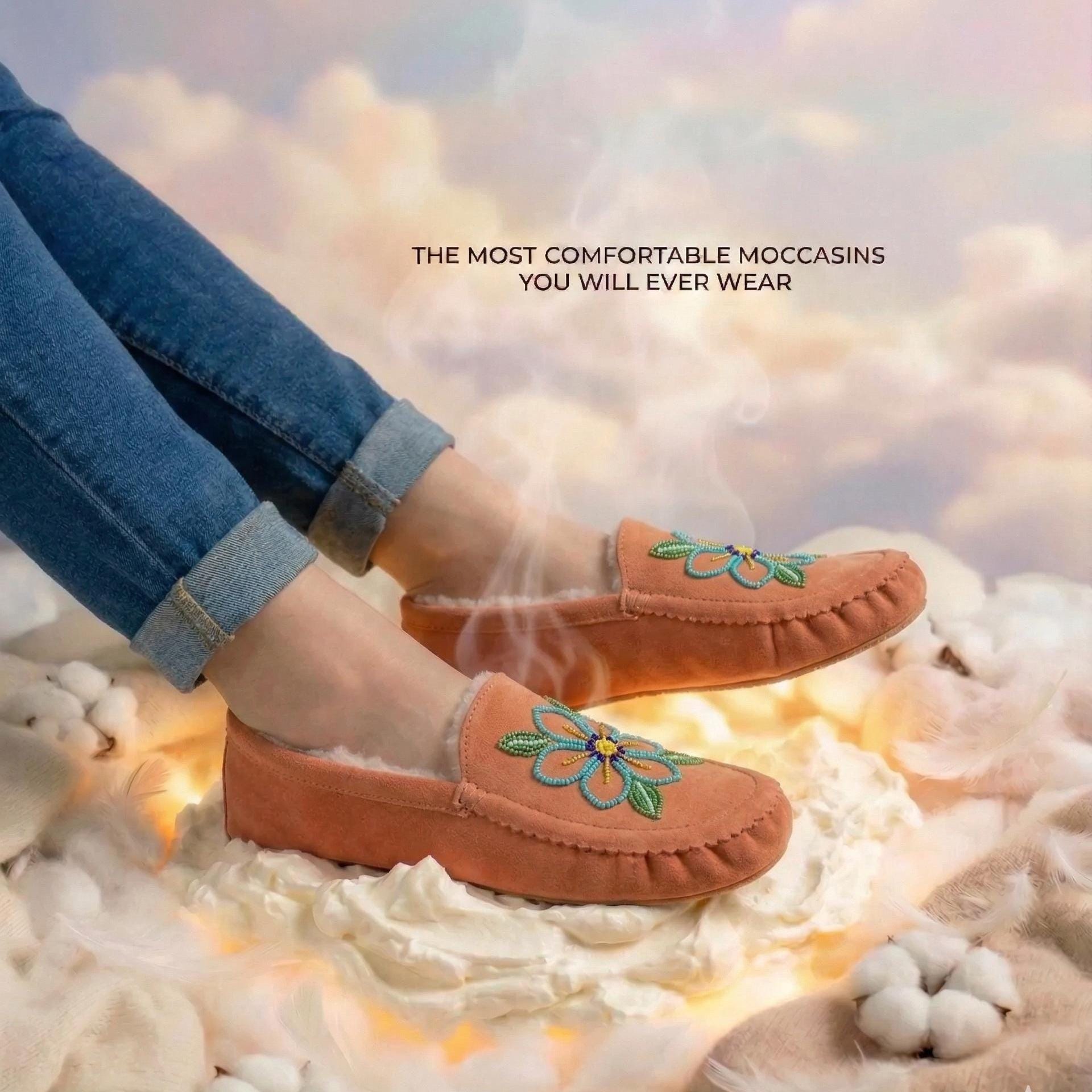Peach Beaded Tree Moccasins. Handmade Unique Soft Sole Slip on Shoes For Women