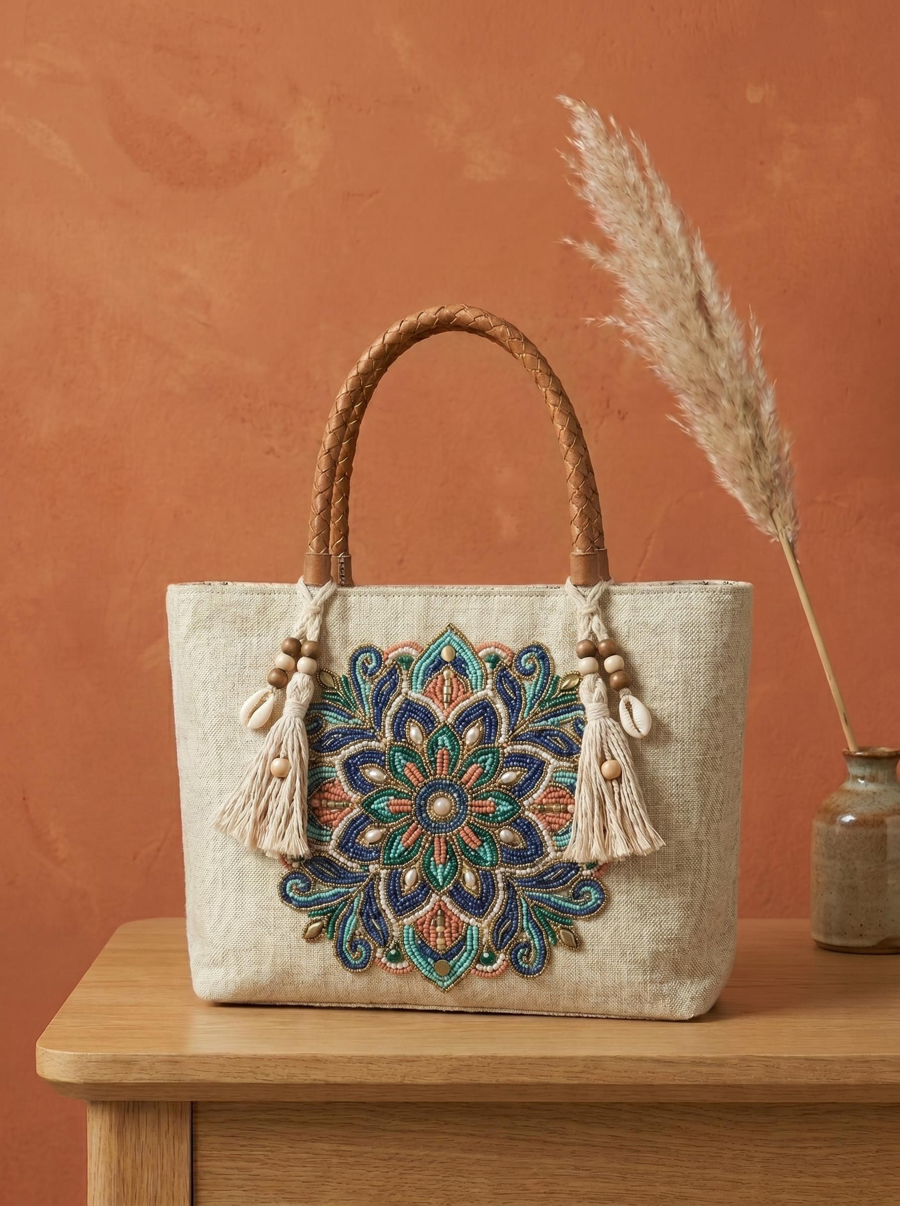 Handmade Floral Canvas Tote Bag. Beaded Large Artisan Handbag For Women