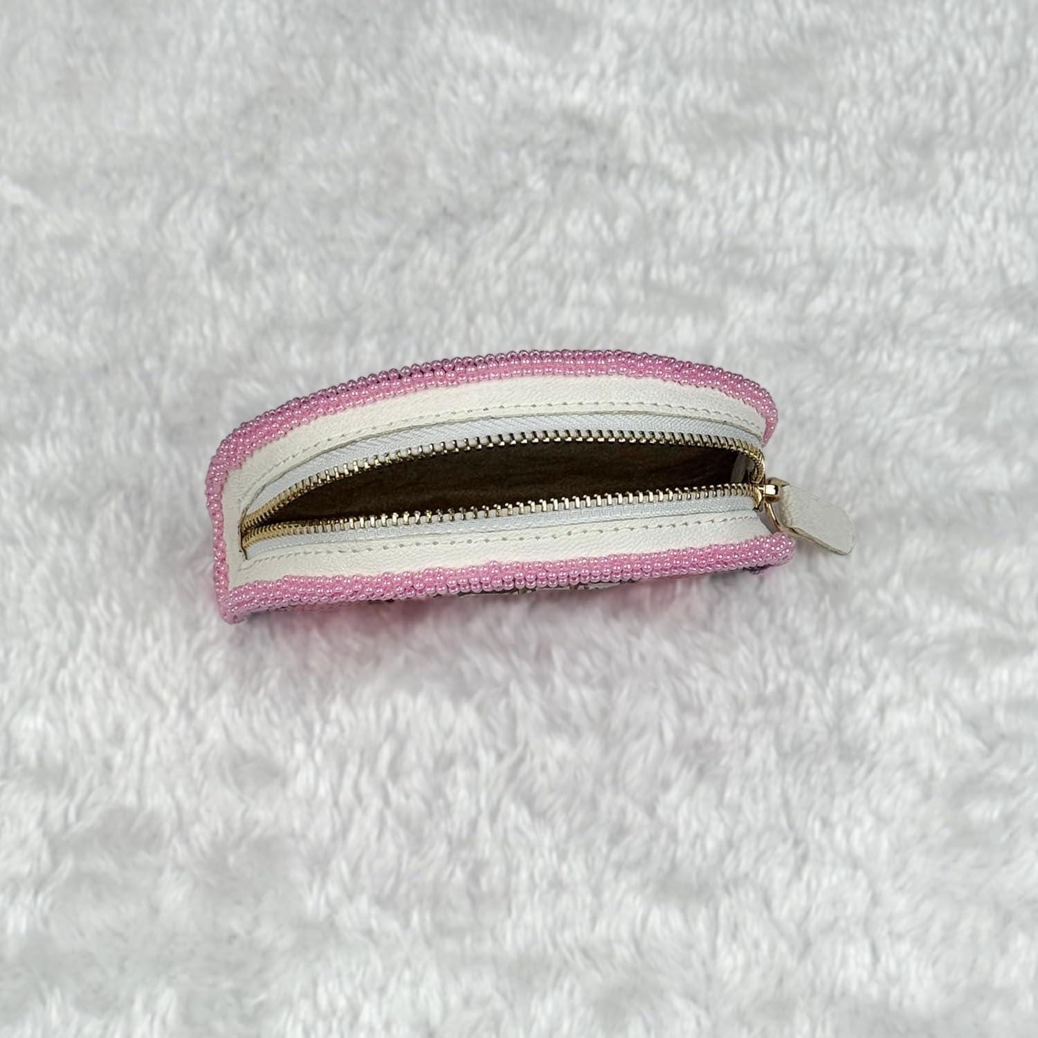 Handmade Coin Purse. Pink Beaded Hand Pouch For Essentials.