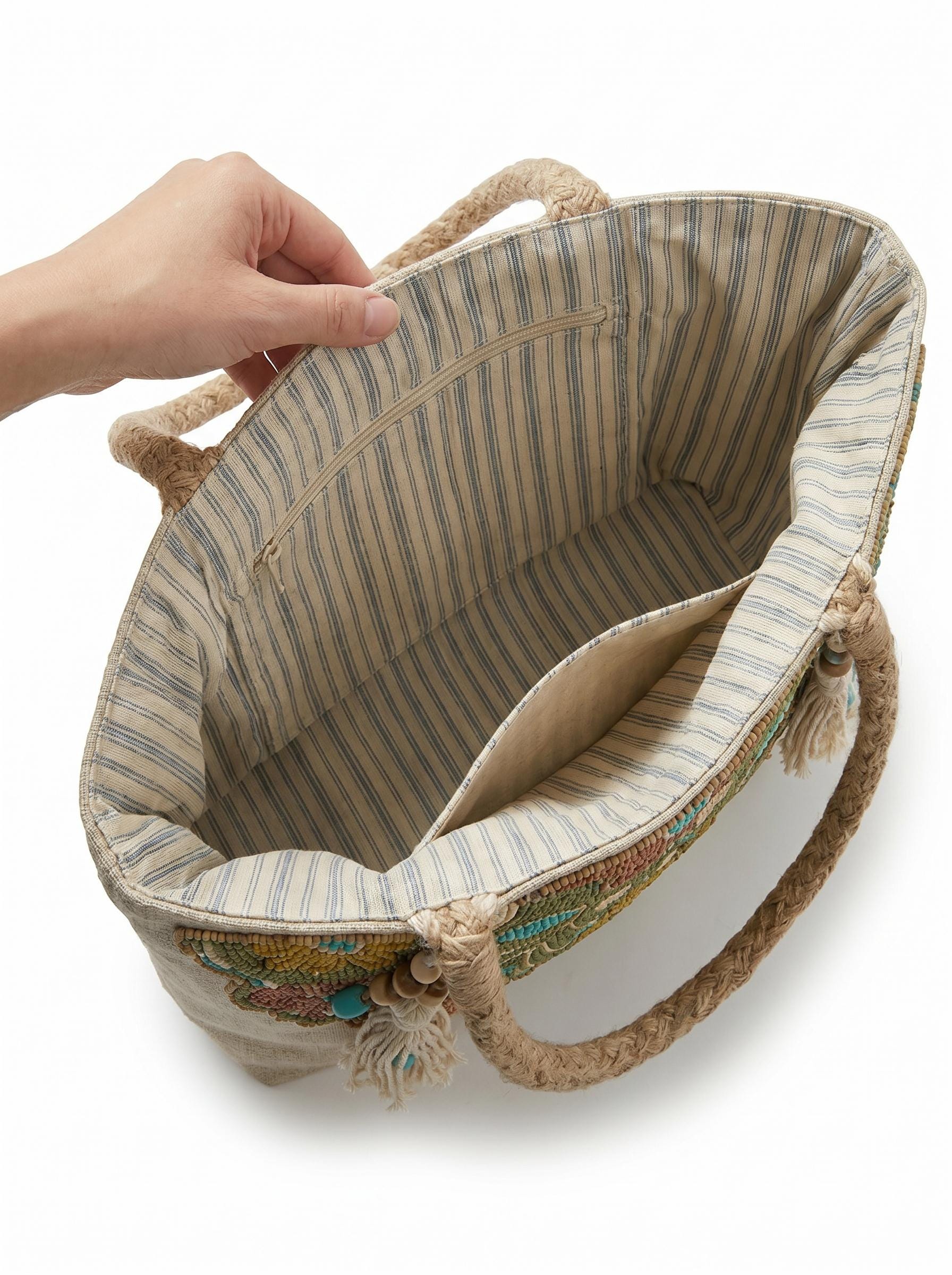 Handmade Floral Canvas Tote Bag. Beaded Large Artisan Summer Handbag