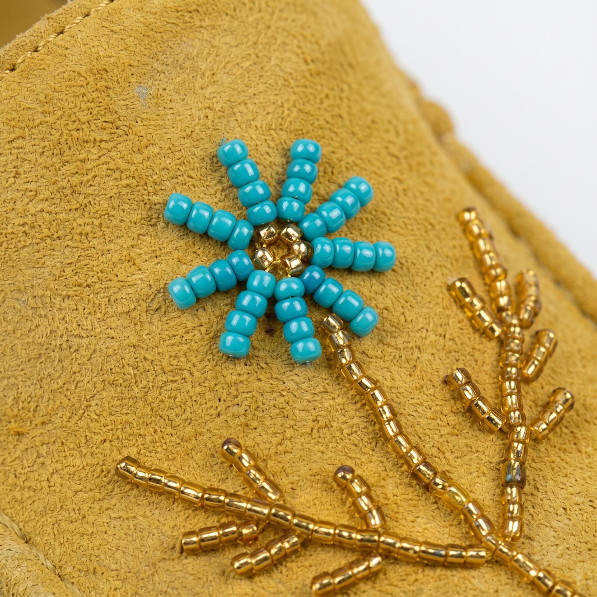 Handmade Yellow Suede Moccasins - Stylish Modern Aqua Flower Beaded Leather Loafers.