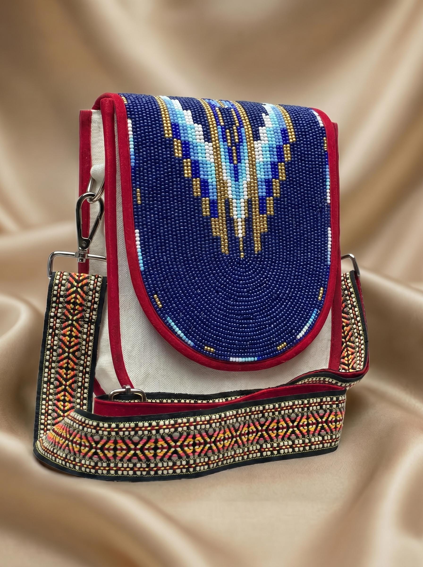 Beaded Crossbody Bag, Boho Handmade Unisex Canvas Sling Purse with Adjustable Strap
