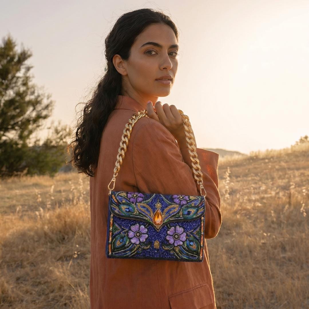 Royal Blue Beaded Evening Bag – Intricate Floral Seed Bead Sling Purse