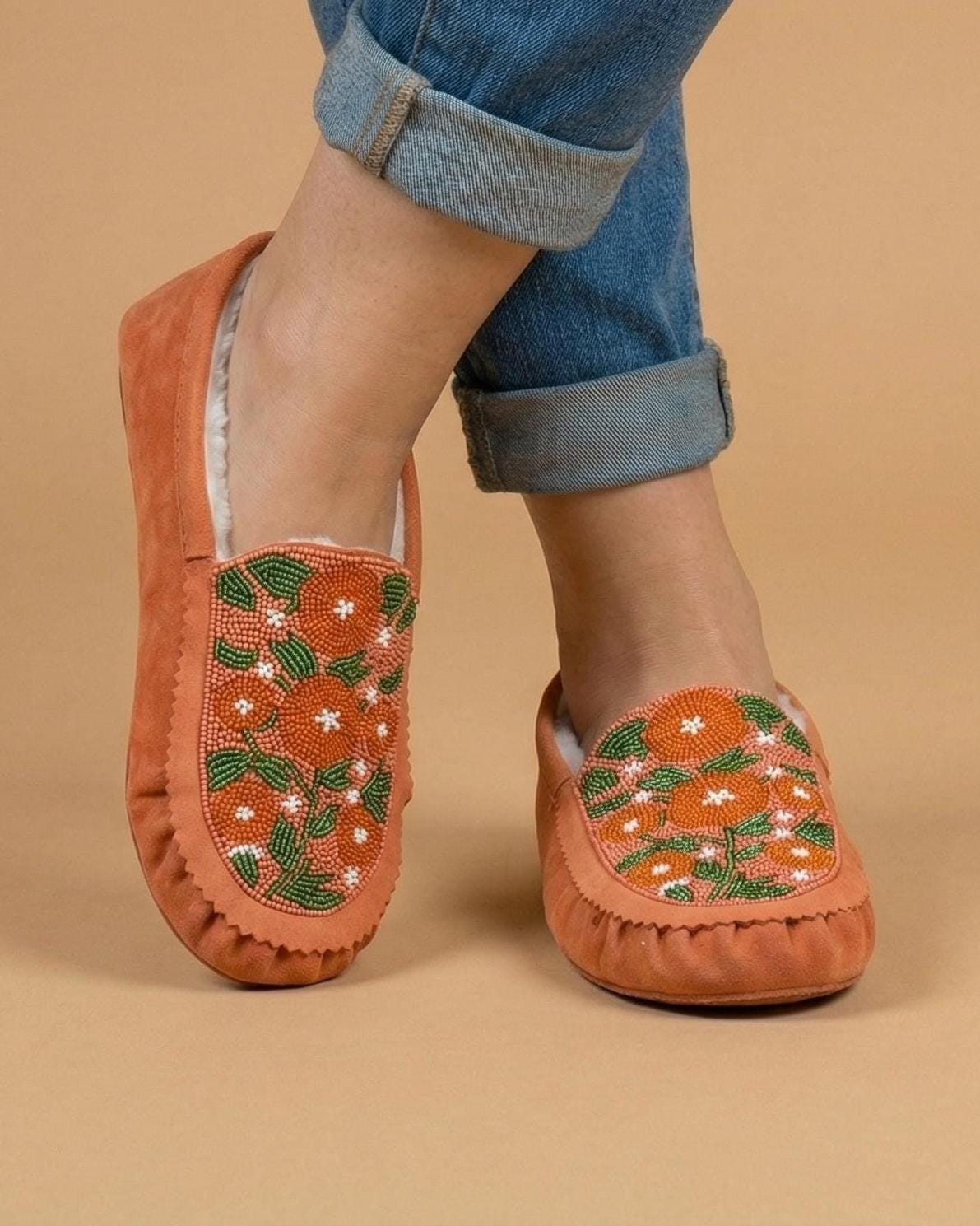 Handmade Suede Moccasins. Stylish Modern Beaded Leather Shoes For Women