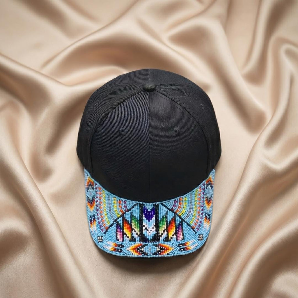 Sky Blue Rainbow Beaded Baseball Cap - Handmade Native American Style - Adjustable Unisex Cotton Hat For Men & Women